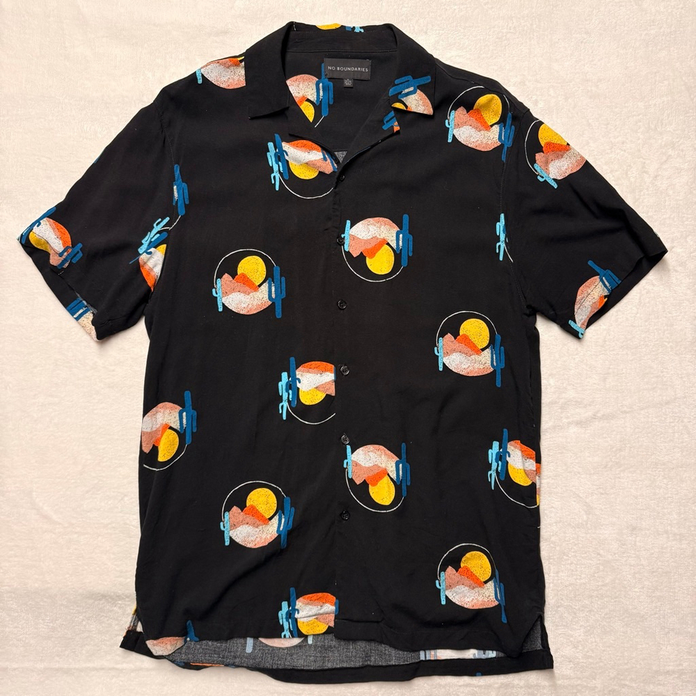 Men's NO BOUNDARIES Casual Button Down Medium Black Blue‎ Desert Cactus